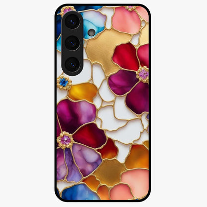 Marble Flower Pattern Glass Case showing flat back view with marble texture floral artwork and glossy glass finish.