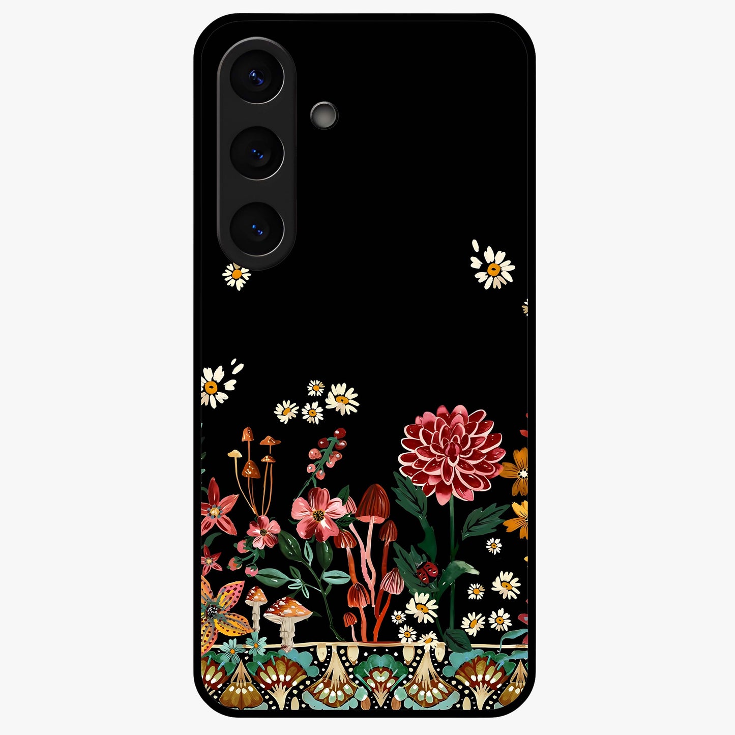 Midnight Bloom Pattern Glass Case showing flat back view with dark floral pattern artwork and glossy glass finish.