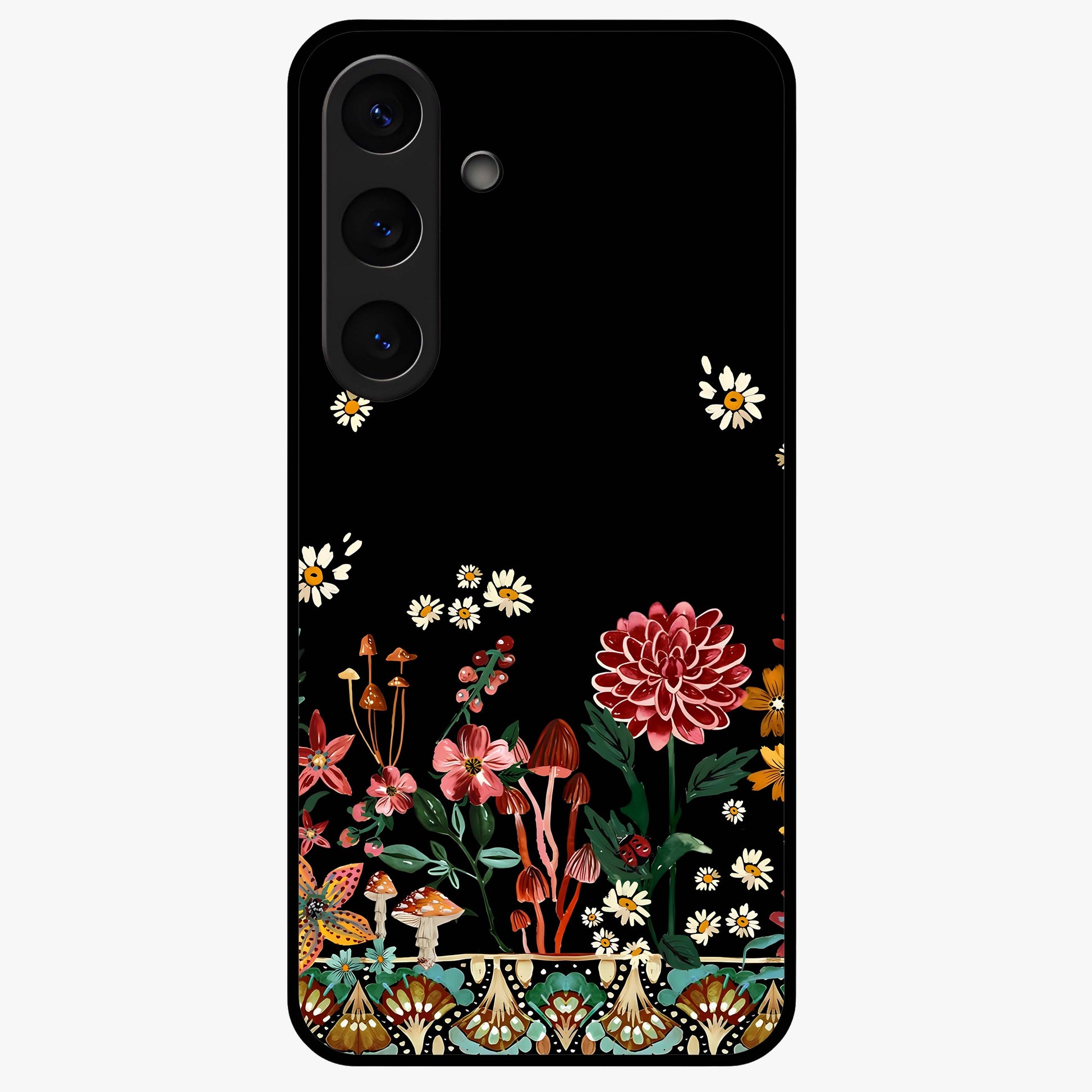 Midnight Bloom Pattern Glass Case showing flat back view with dark floral pattern artwork and glossy glass finish.