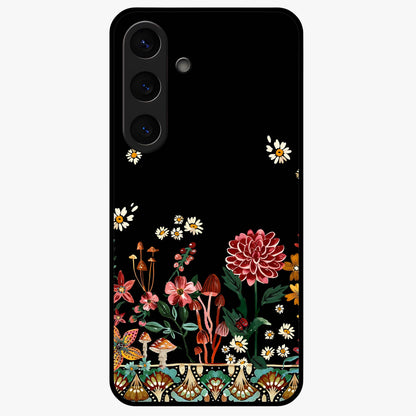 Midnight Bloom Pattern Glass Case showing flat back view with dark floral pattern artwork and glossy glass finish.
