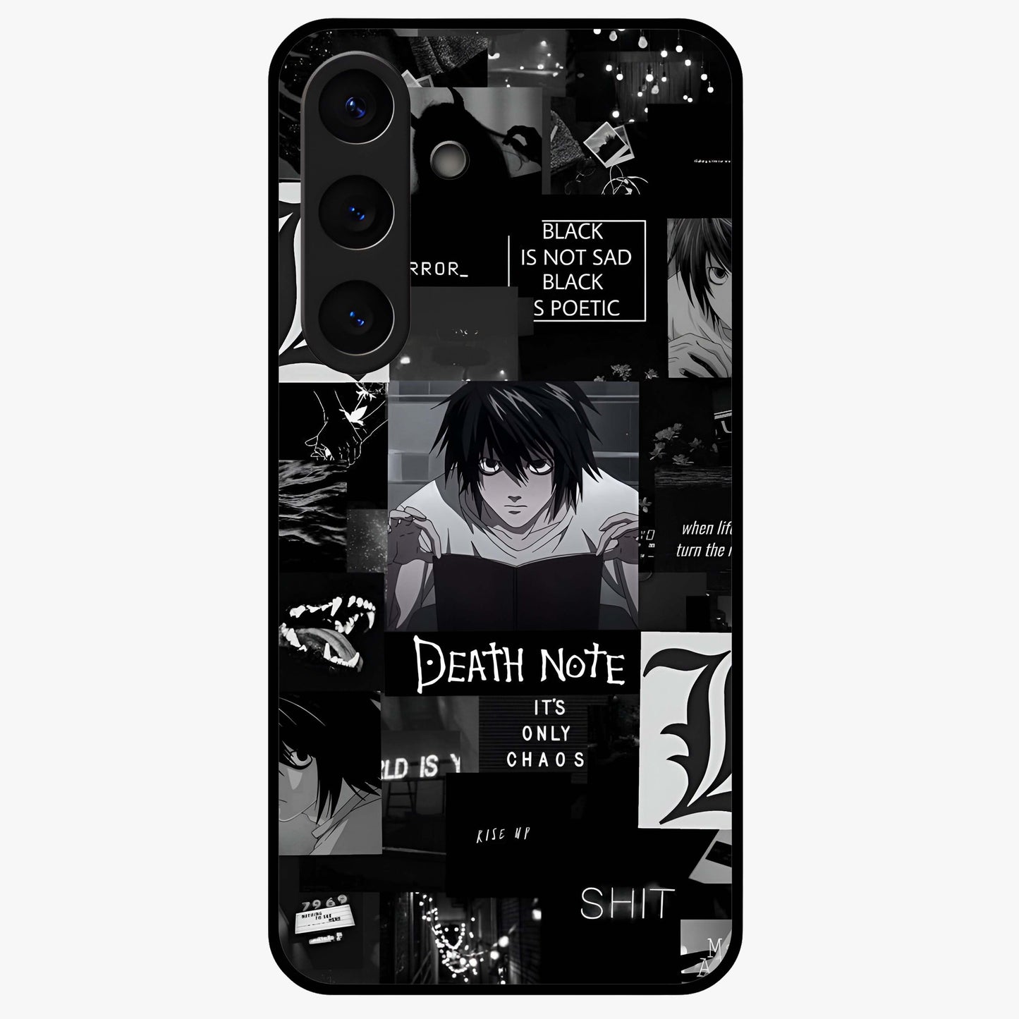 Midnight Chaos Mind Glass Case showing flat back view with abstract dark themed artwork and glossy glass finish.