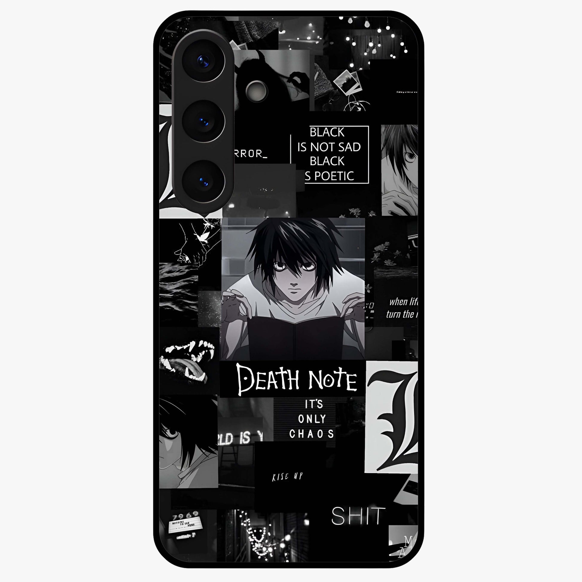 Midnight Chaos Mind Glass Case showing flat back view with abstract dark themed artwork and glossy glass finish.