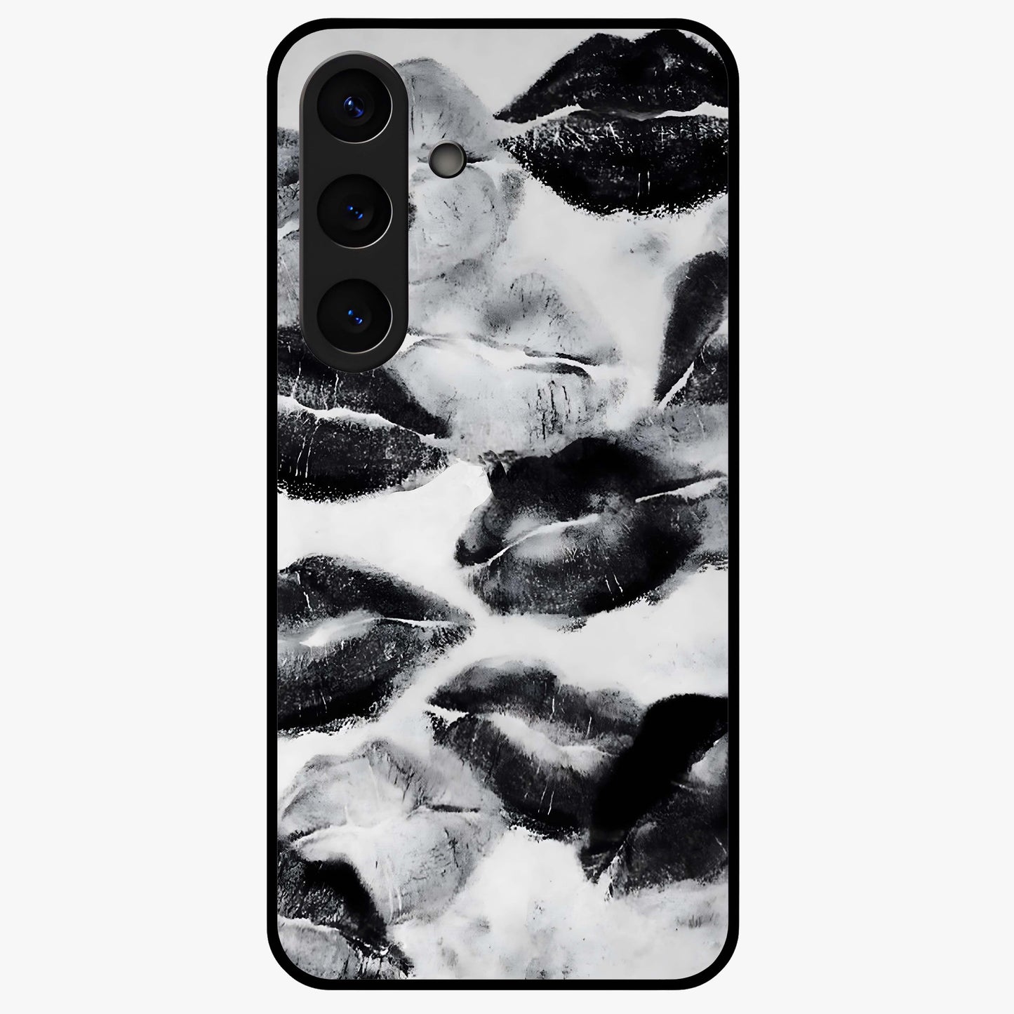 Midnight Kiss Marks Glass Case showing flat back view with lipstick kiss mark artwork and glossy glass finish.