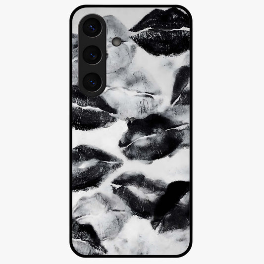 Midnight Kiss Marks Glass Case showing flat back view with lipstick kiss mark artwork and glossy glass finish.