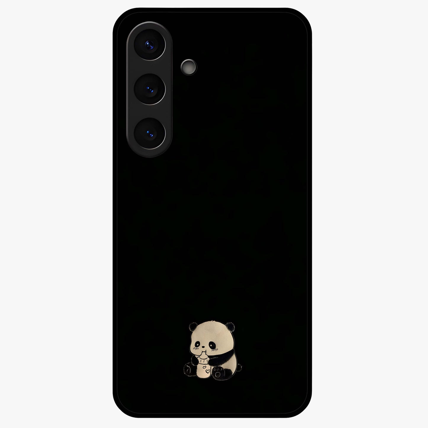 Midnight Panda Love Glass Case showing flat back view with cute panda themed artwork and glossy glass finish.