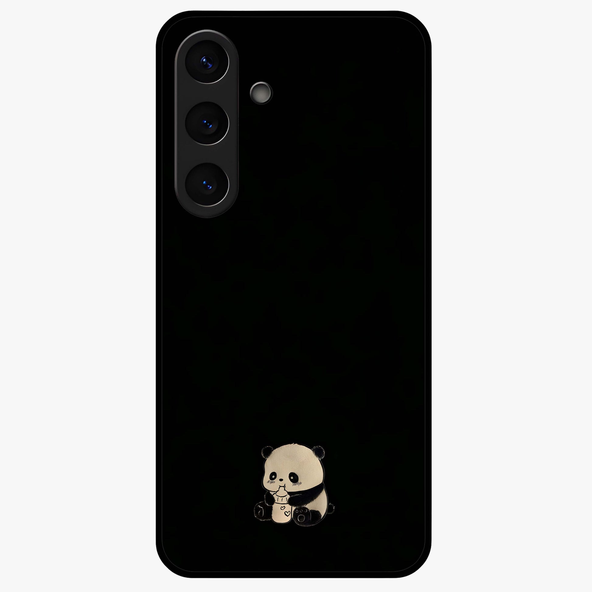 Midnight Panda Love Glass Case showing flat back view with cute panda themed artwork and glossy glass finish.