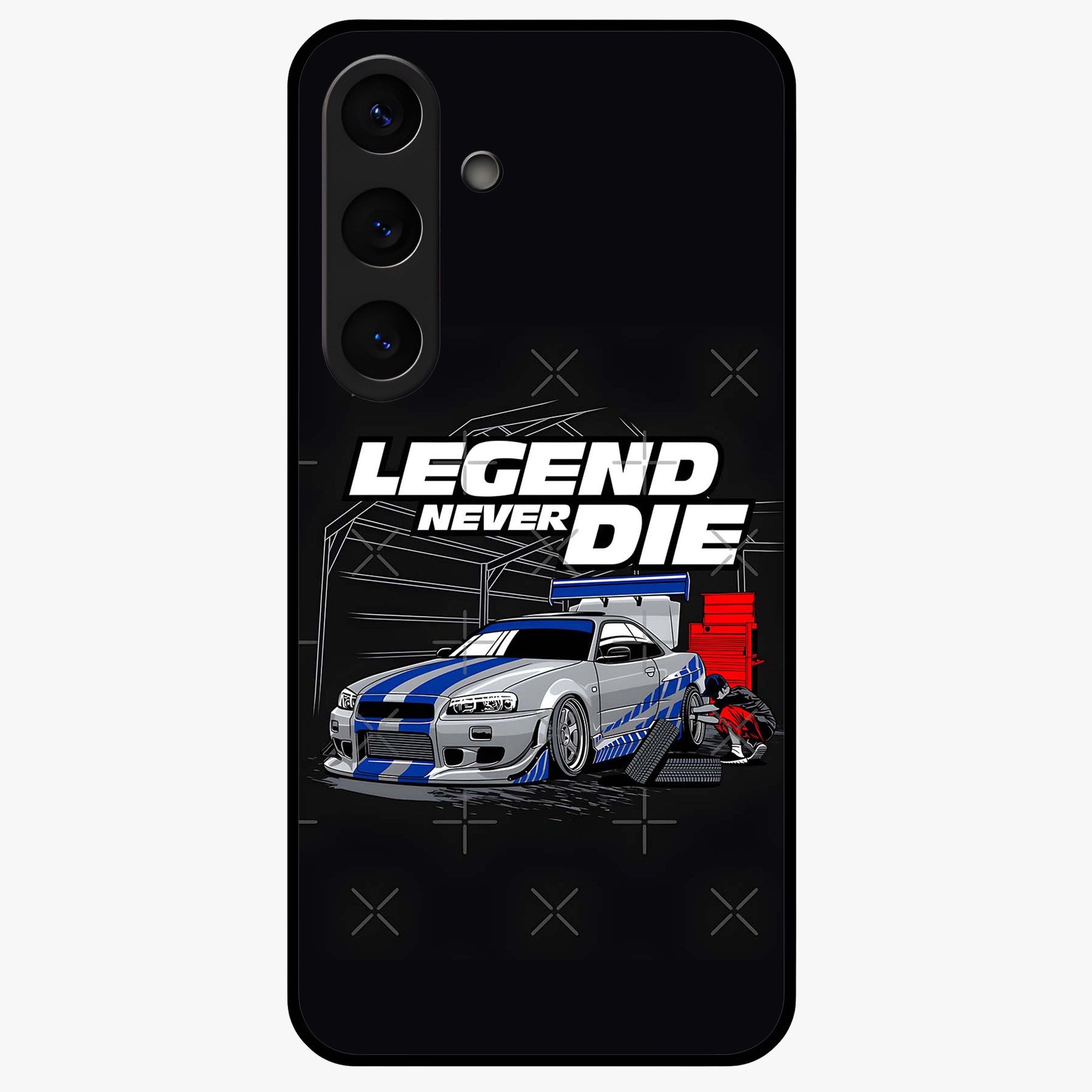 Midnight Racing Legacy Glass Case showing flat back view with sleek racing inspired artwork and glossy glass finish.