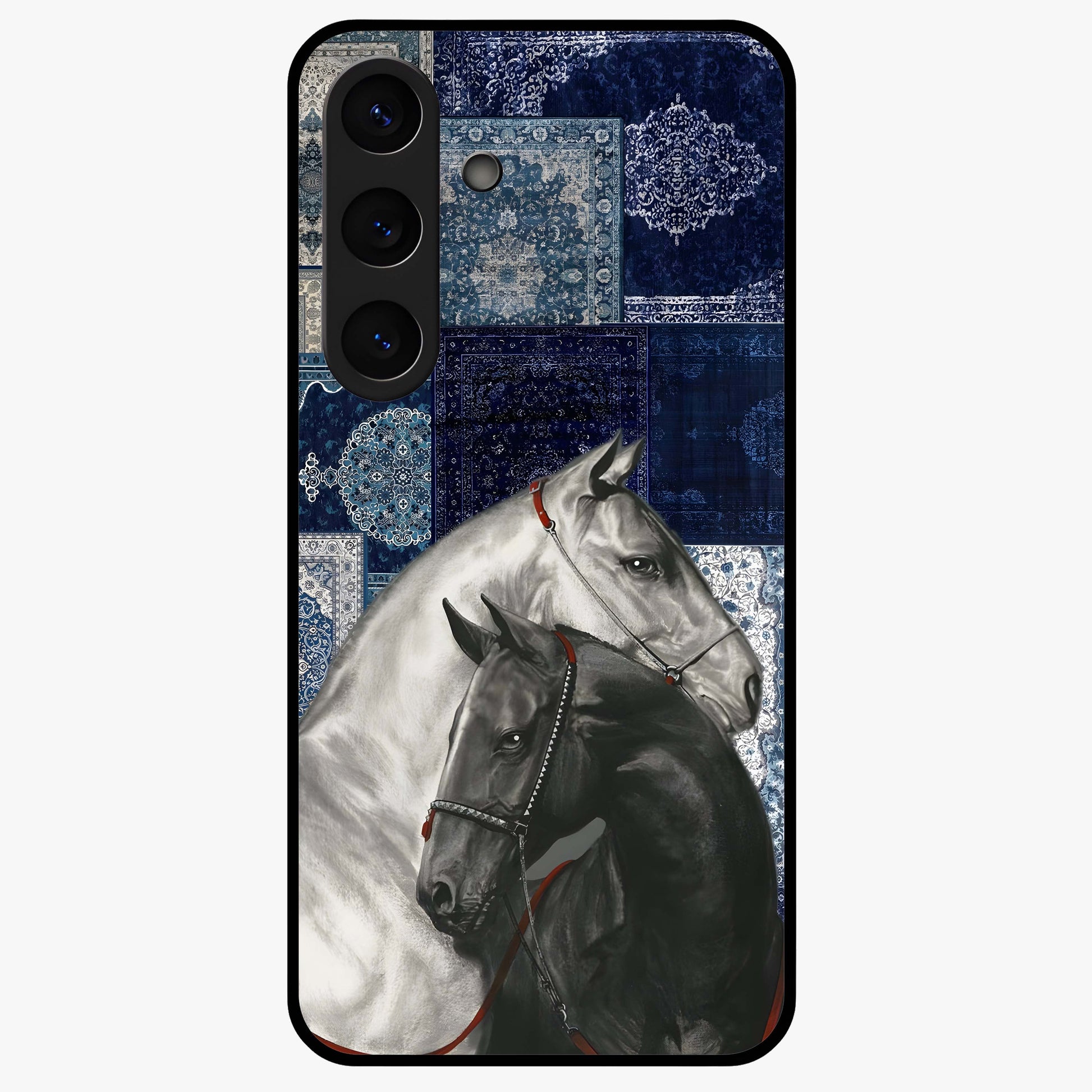 Midnight Stallion Blues Glass Case showing flat back view with majestic horse artwork and glossy glass finish.