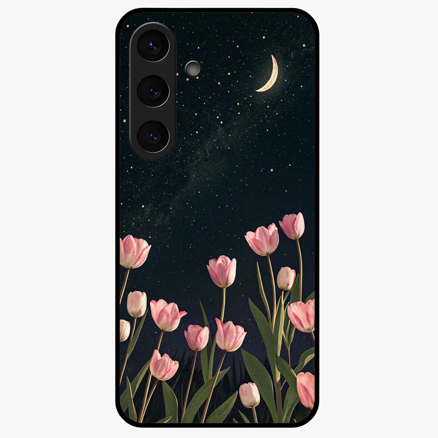 Midnight Tulip Whispers Vibe Glass Case showing flat back view with elegant tulip flower artwork and glossy glass finish.