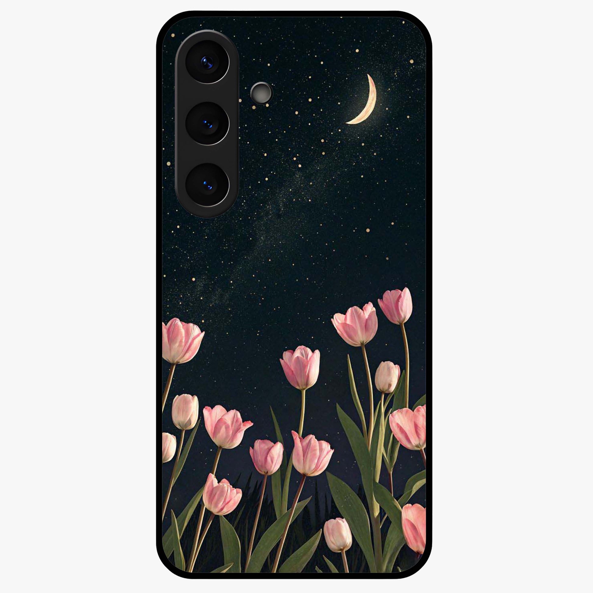 Midnight Tulip Whispers Vibe Glass Case showing flat back view with elegant tulip flower artwork and glossy glass finish.