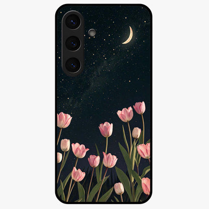 Midnight Tulip Whispers Vibe Glass Case showing flat back view with elegant tulip flower artwork and glossy glass finish.