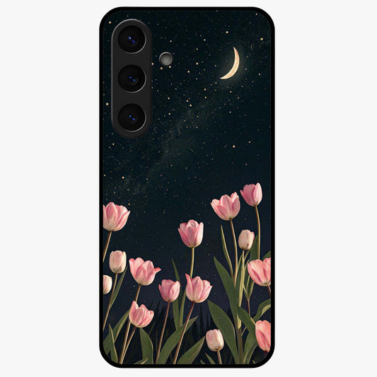 Midnight Tulip Whispers Vibe Glass Case showing flat back view with elegant tulip flower artwork and glossy glass finish.