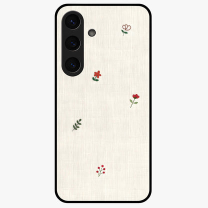 Minimal Petal Whispers Glass Case showing flat back view with soft minimal floral artwork and glossy glass finish.
