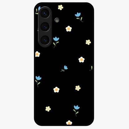 Minimalistic Blue With White Flower Pattern Glass Case showing flat back view with blue background and white flower pattern and glossy glass finish.