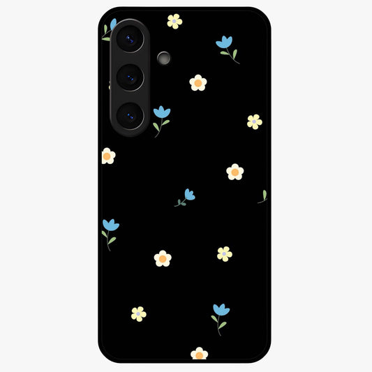 Minimalistic Blue With White Flower Pattern Glass Case showing flat back view with blue background and white flower pattern and glossy glass finish.