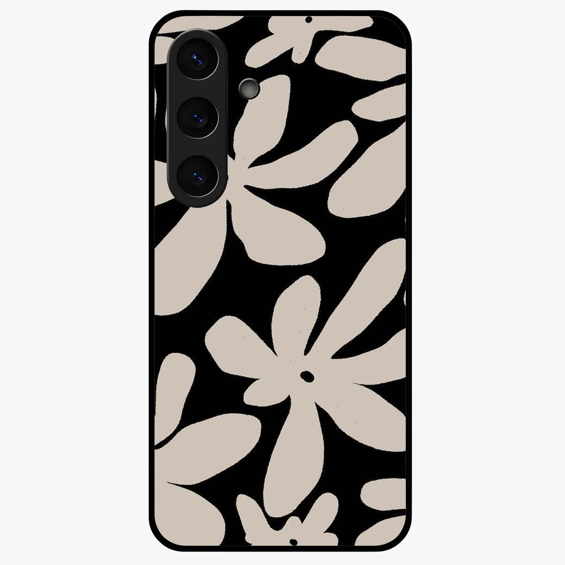 Monochrome Petal Dance Glass Case showing flat back view with monochrome floral artwork and glossy glass finish.