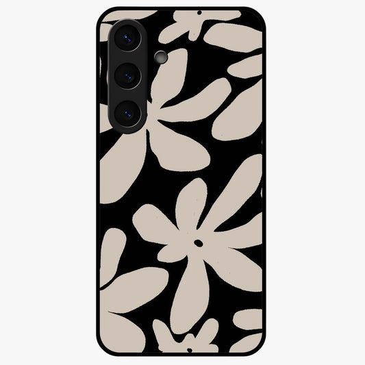 Monochrome Petal Dance Glass Case showing flat back view with monochrome floral artwork and glossy glass finish.