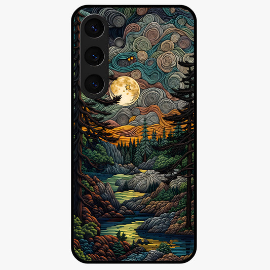 Moonlight Forest Dream Glass Case showing flat back view with mystical forest moonlight artwork and glossy glass finish.