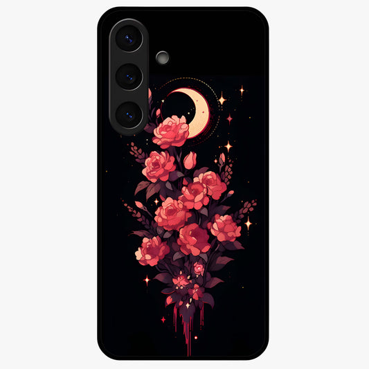Moonlit Floral Elegance Glass Case showing flat back view with elegant floral artwork under moonlit tones and glossy glass finish.