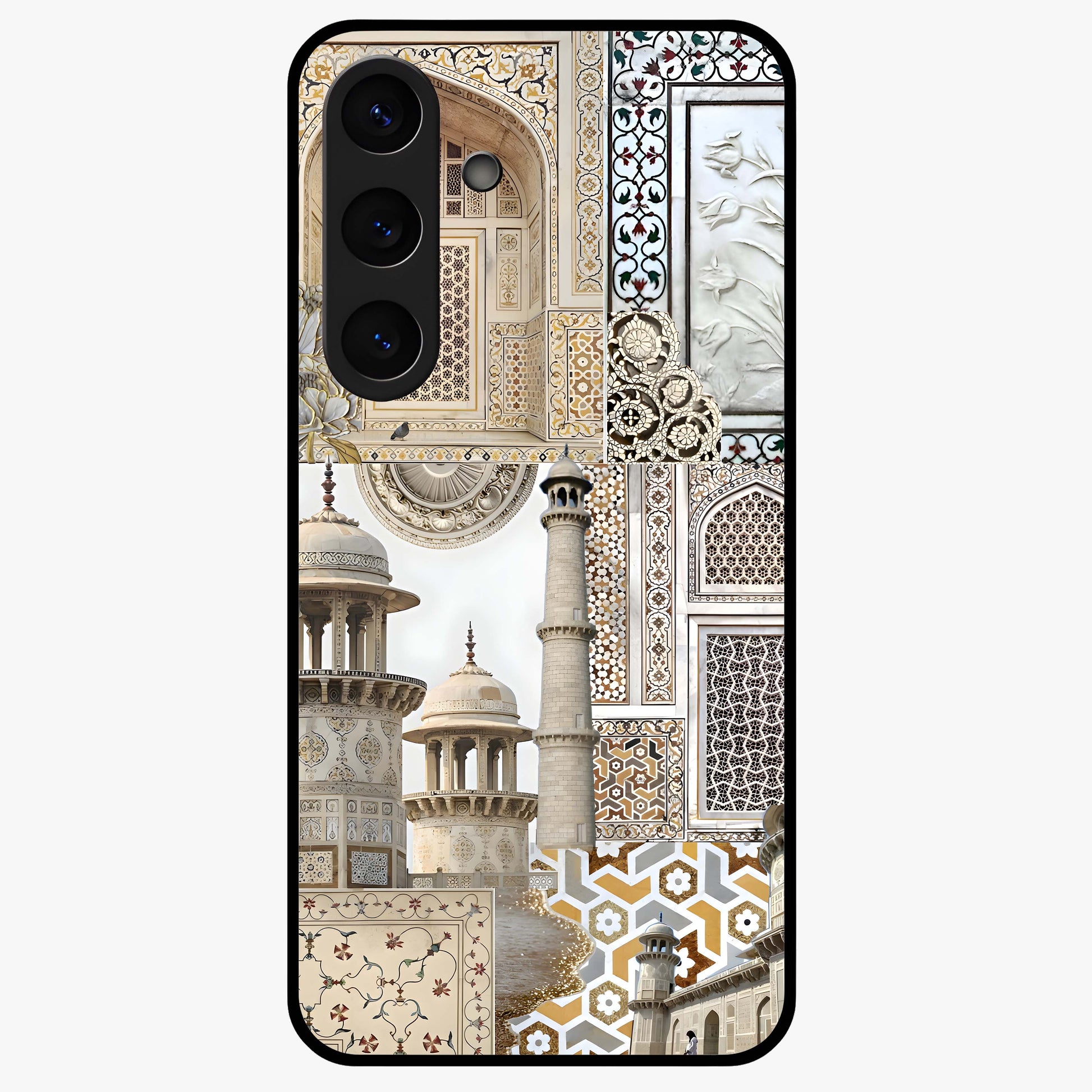 Mughal Marble Legacy Glass Case showing flat back view with intricate Mughal inspired marble pattern and glossy glass finish.