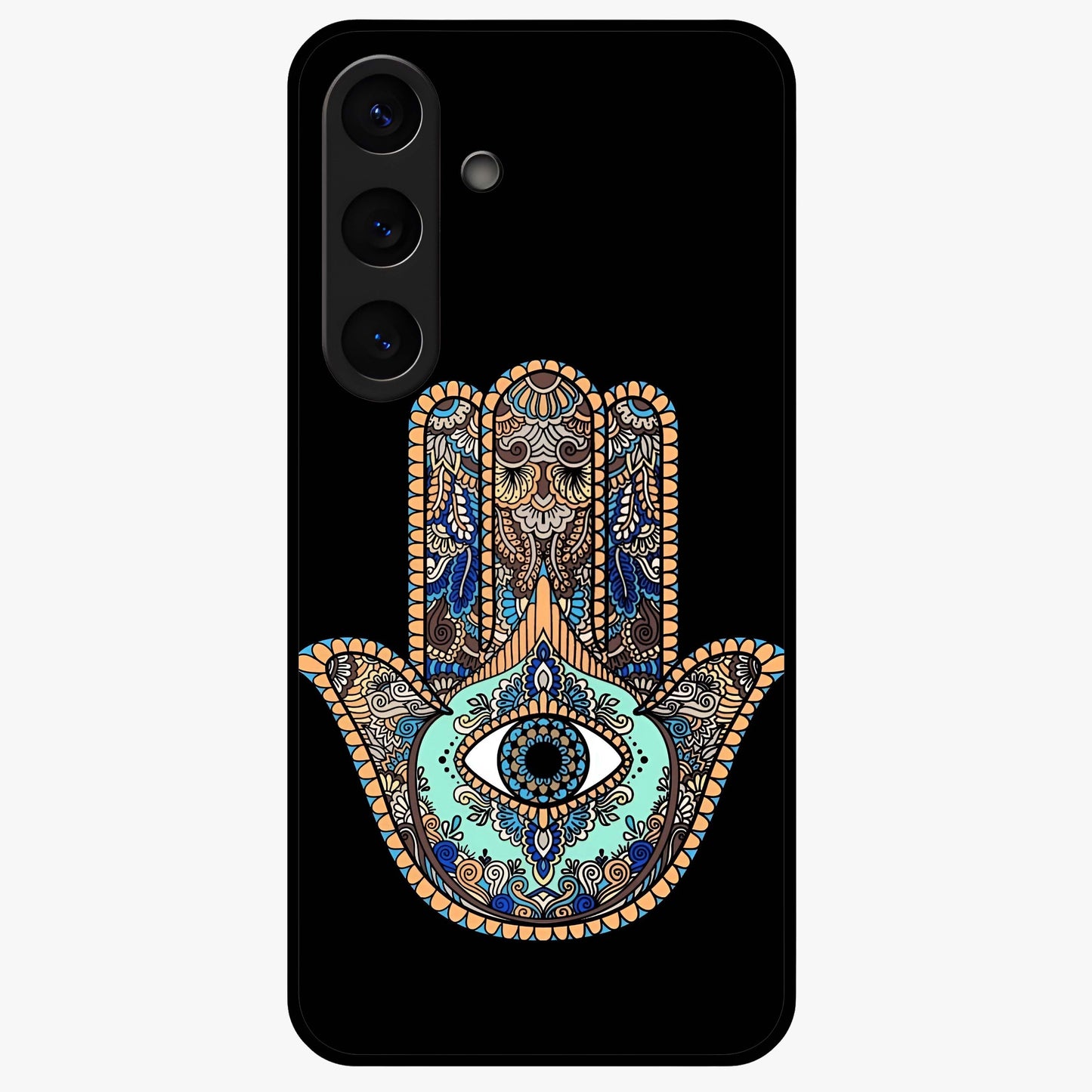 Mystic Hamsa Eye Glass Case showing flat back view with protective hamsa hand and evil eye artwork and glossy glass finish.