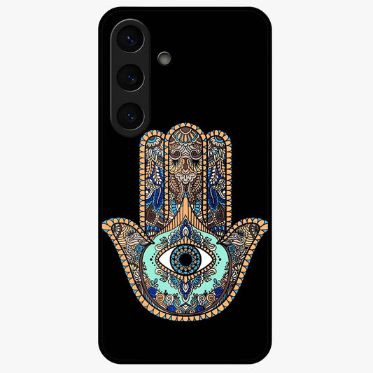Mystic Hamsa Eye Glass Case showing flat back view with protective hamsa hand and evil eye artwork and glossy glass finish.