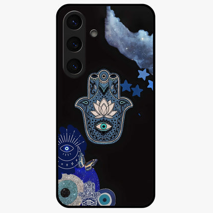 Mystic Hand Aura Glass Case showing flat back view with mystical hand symbol artwork and glossy glass finish.