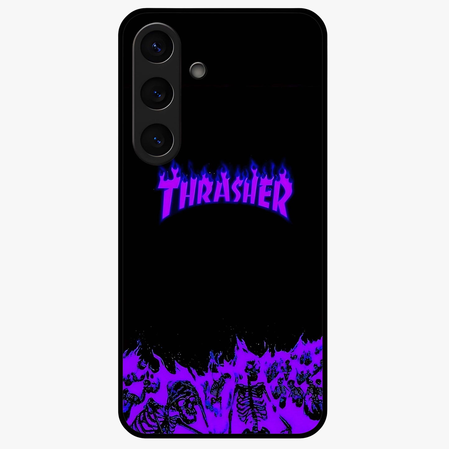 Neon Flame Riot Glass Case showing flat back view with neon flame artwork and glossy glass finish.