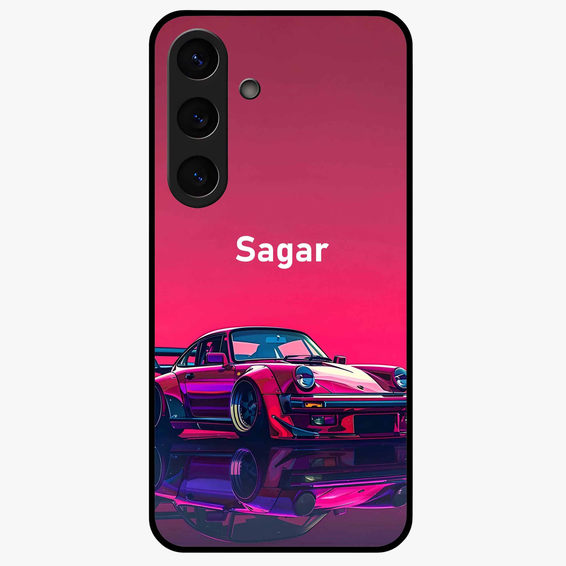 Neon Pink Porsche Glass Case showing flat back view with stylish sports car artwork and glossy glass finish.
