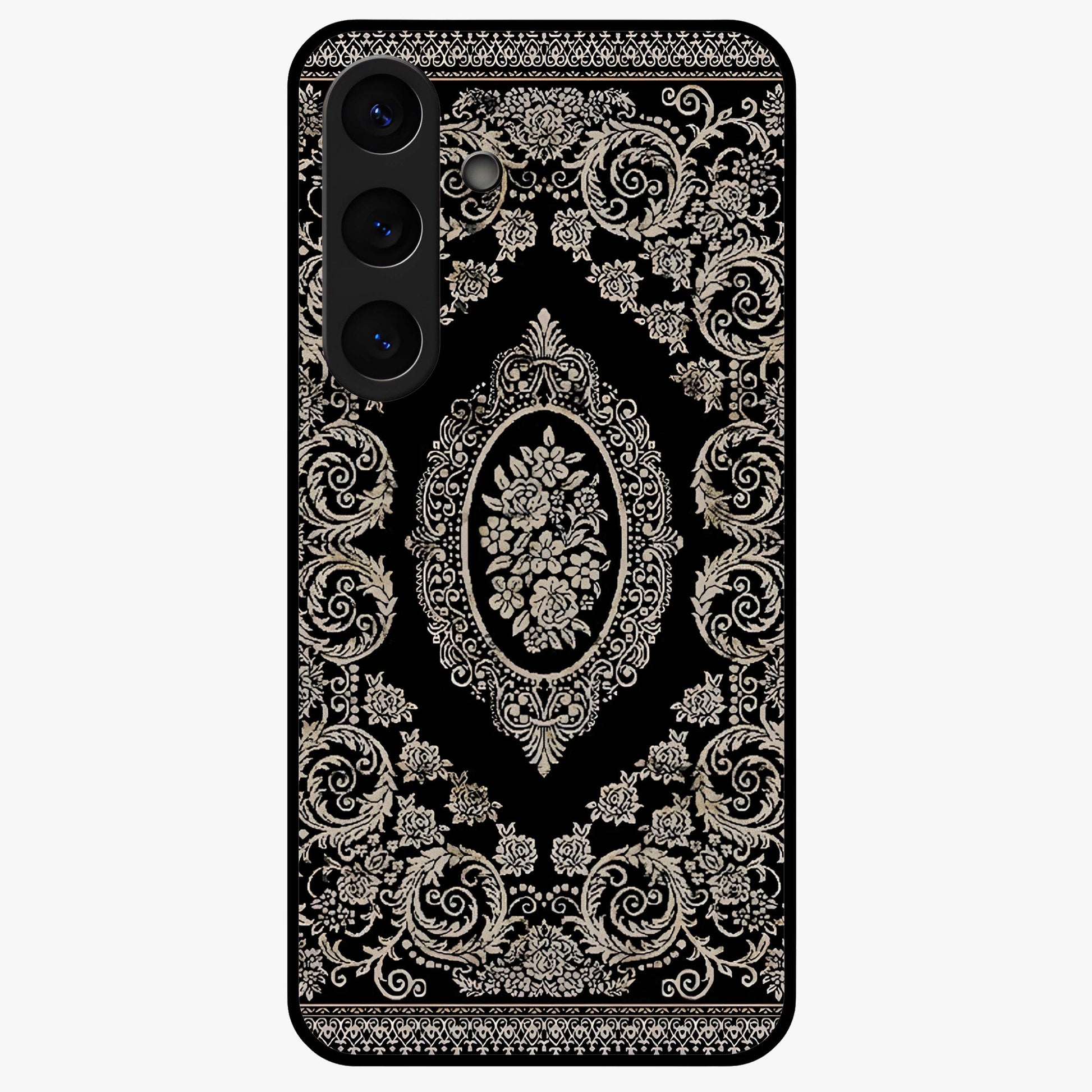 Noir Bloom Elegance Glass Case showing flat back view with elegant dark floral artwork and glossy glass finish.