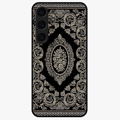 Noir Bloom Elegance Glass Case showing flat back view with elegant dark floral artwork and glossy glass finish.