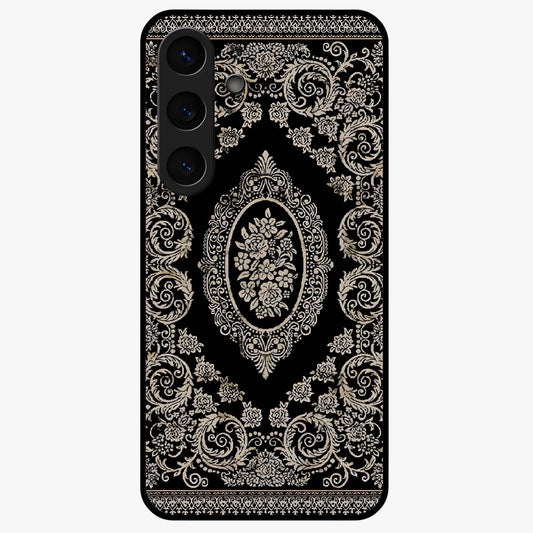 Noir Bloom Elegance Glass Case showing flat back view with elegant dark floral artwork and glossy glass finish.