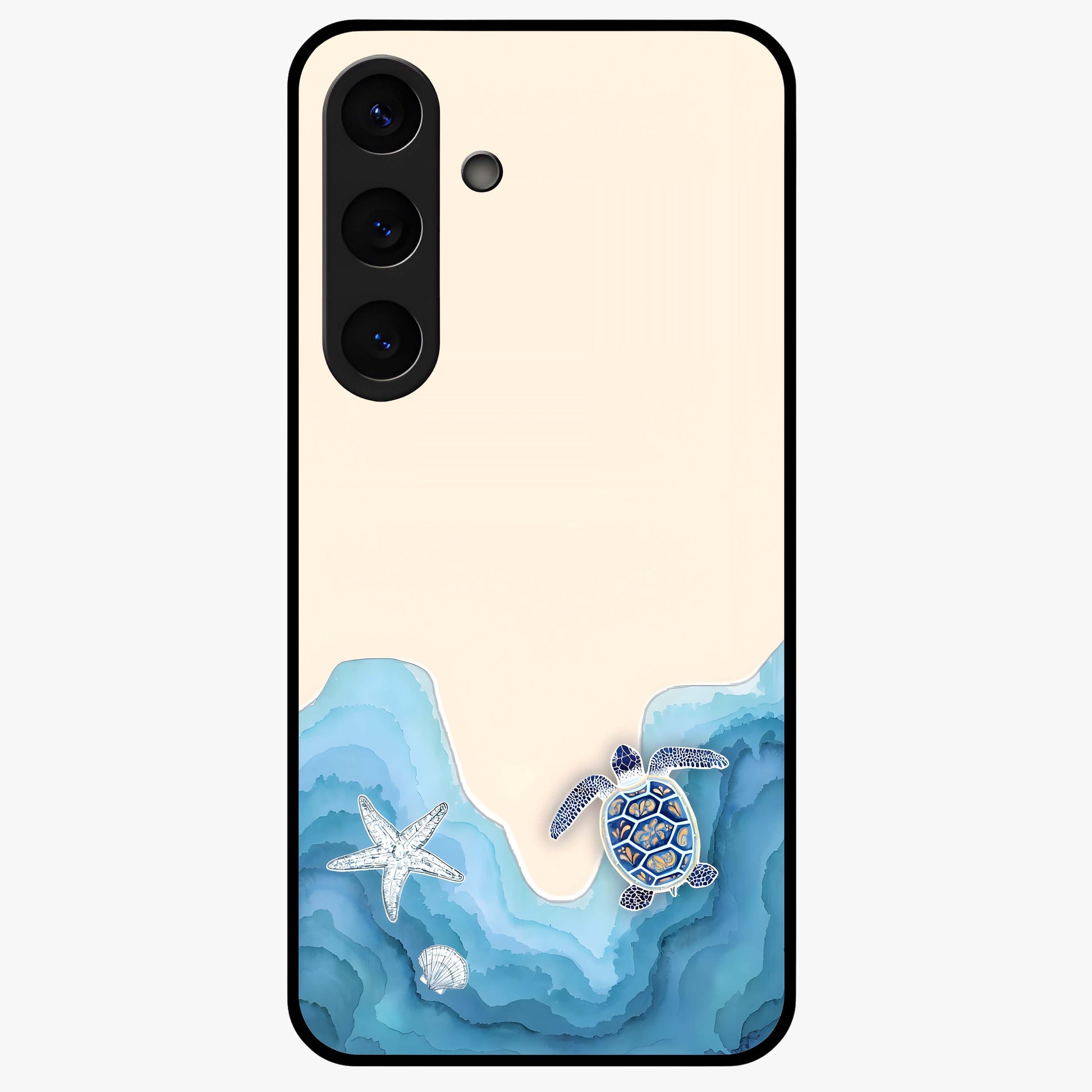 Ocean Drift Turtle Glass Case showing flat back view with sea turtle artwork and glossy glass finish.