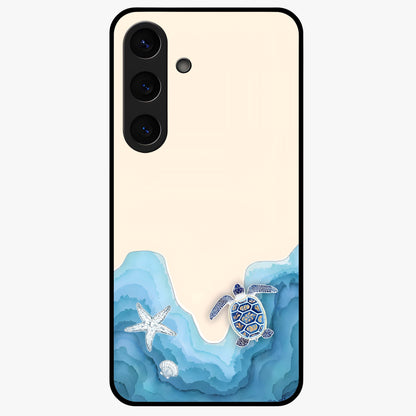 Ocean Drift Turtle Glass Case showing flat back view with sea turtle artwork and glossy glass finish.