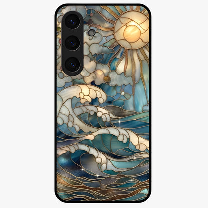 Oceanic Stained Printed Glass Case showing flat back view with ocean inspired stained pattern artwork and glossy glass finish.