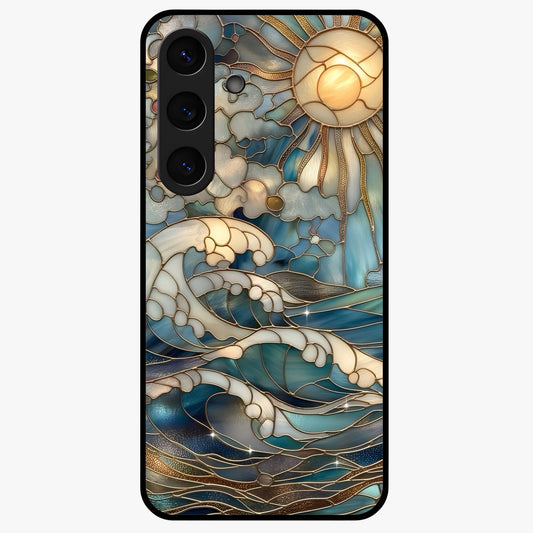 Oceanic Stained Printed Glass Case showing flat back view with ocean inspired stained pattern artwork and glossy glass finish.