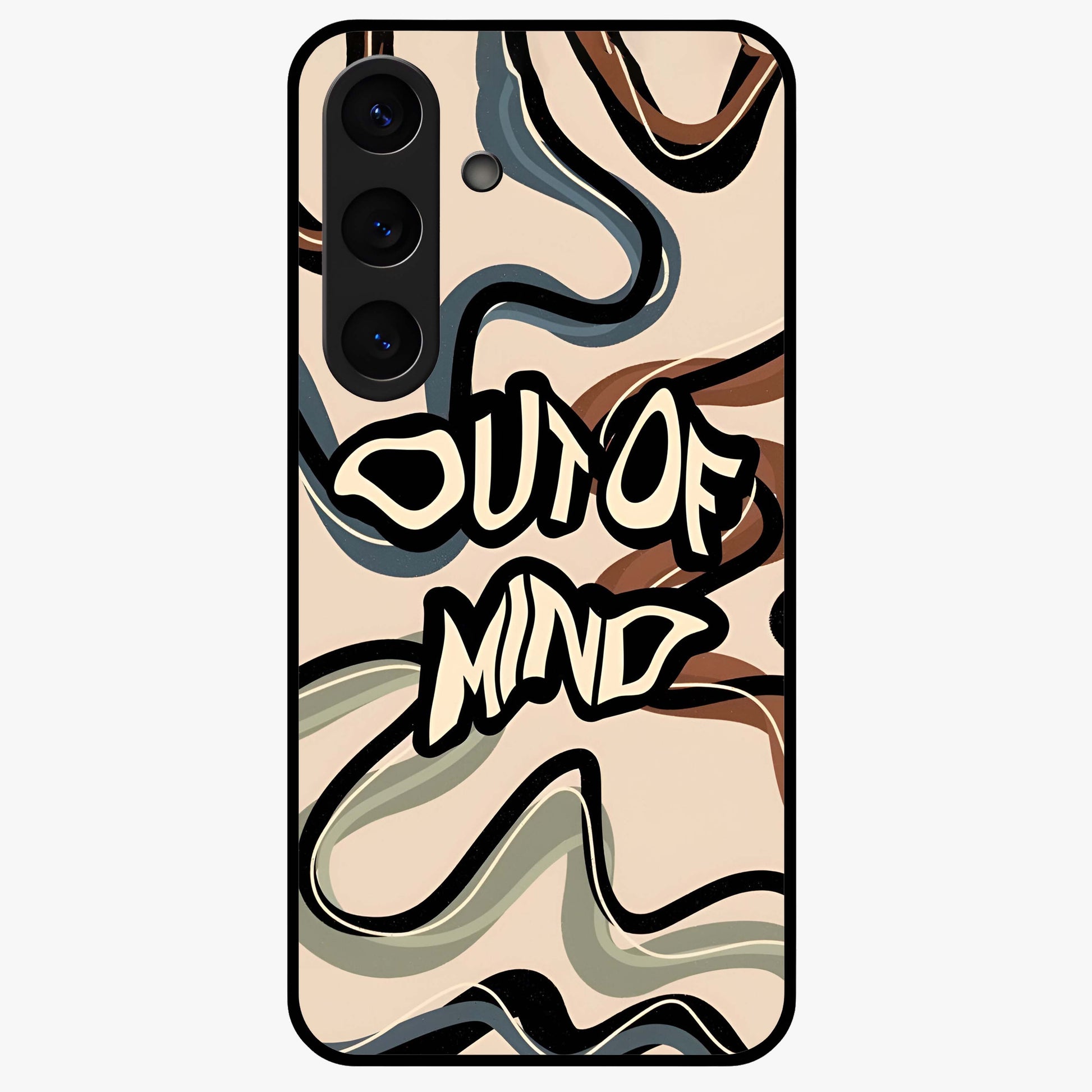 Out Of Mind Glass Case showing flat back view with expressive typography artwork and glossy glass finish.