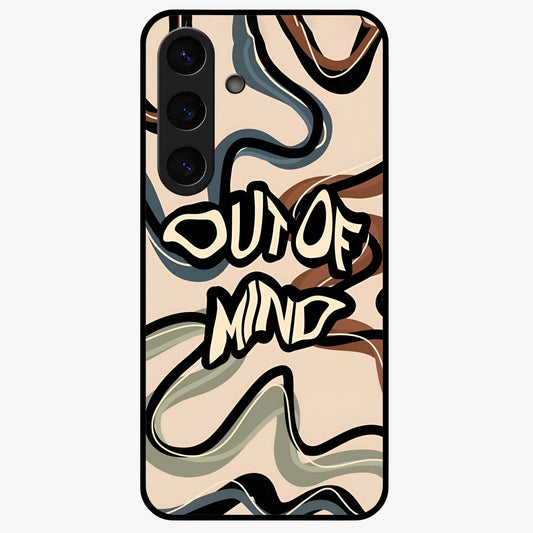 Out Of Mind Glass Case showing flat back view with expressive typography artwork and glossy glass finish.