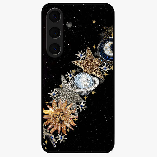 Pearls Universe Object Glass Case showing flat back view with pearl inspired cosmic artwork and glossy glass finish.