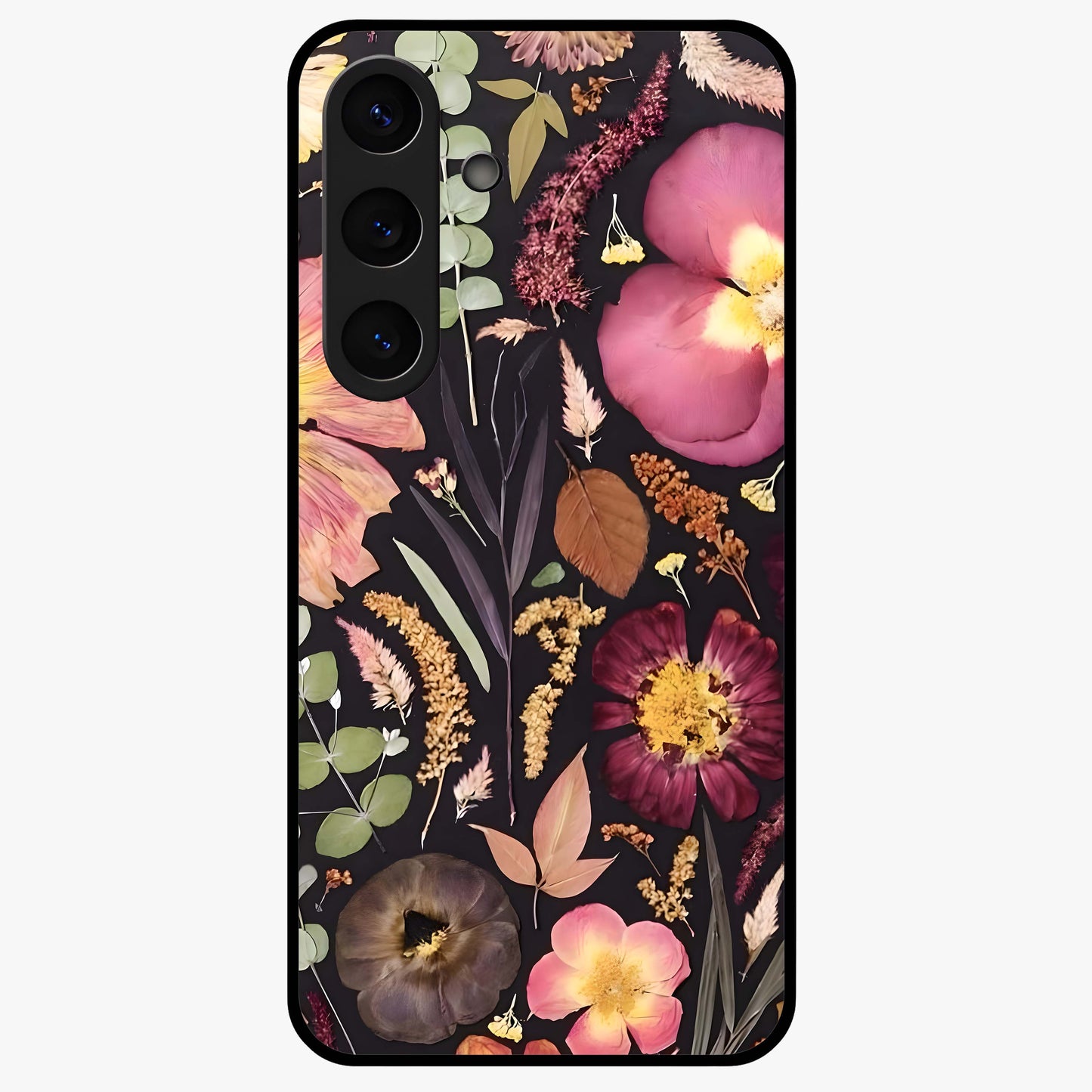 Petal Dream Tapestry Glass Case showing flat back view with intricate floral tapestry artwork and glossy glass finish.