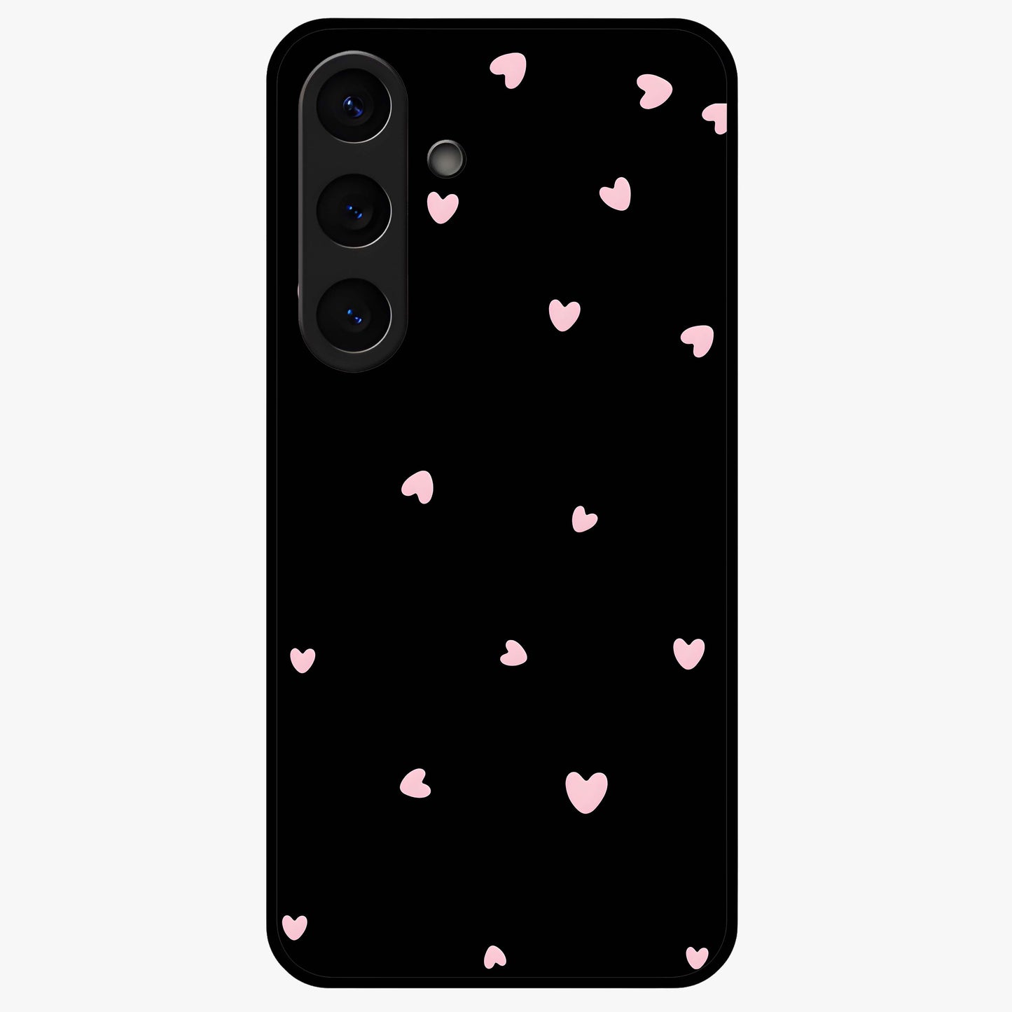 Pink Love Drops Glass Case showing flat back view with playful pink heart drops artwork and glossy glass finish.