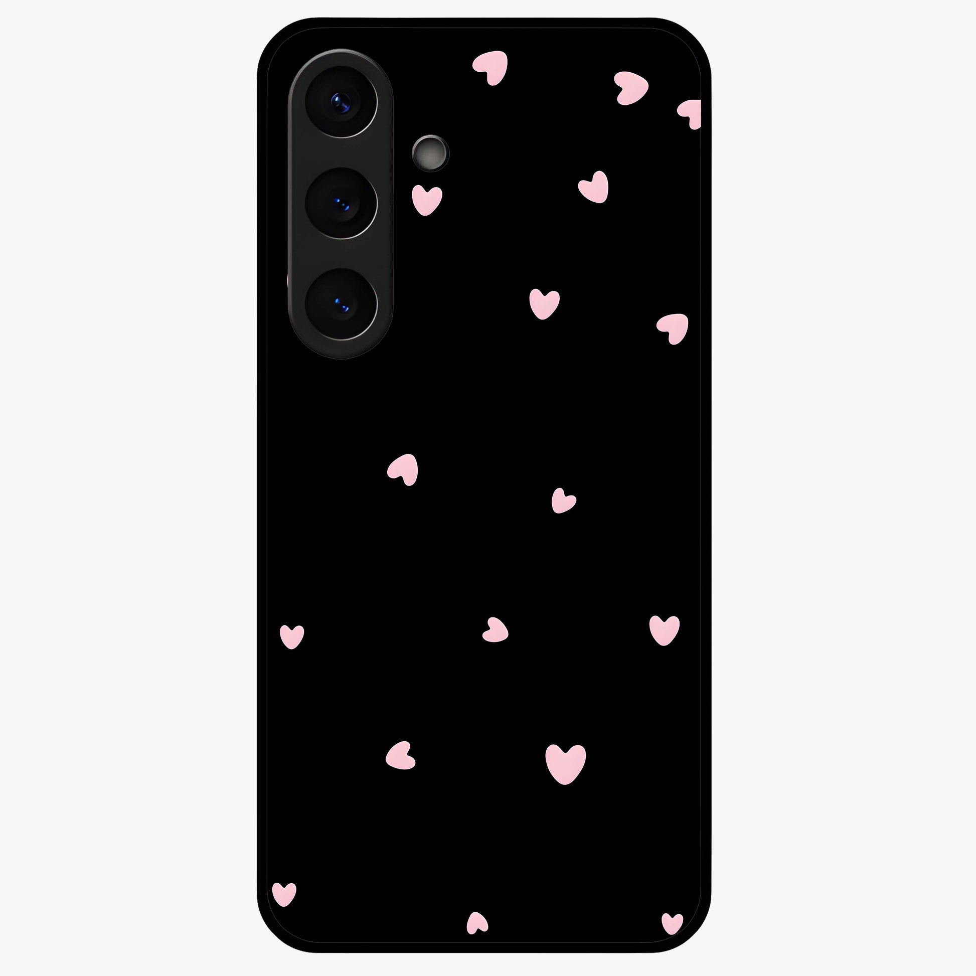 Pink Love Drops Glass Case showing flat back view with playful pink heart drops artwork and glossy glass finish.