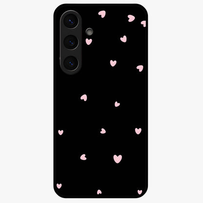 Pink Love Drops Glass Case showing flat back view with playful pink heart drops artwork and glossy glass finish.