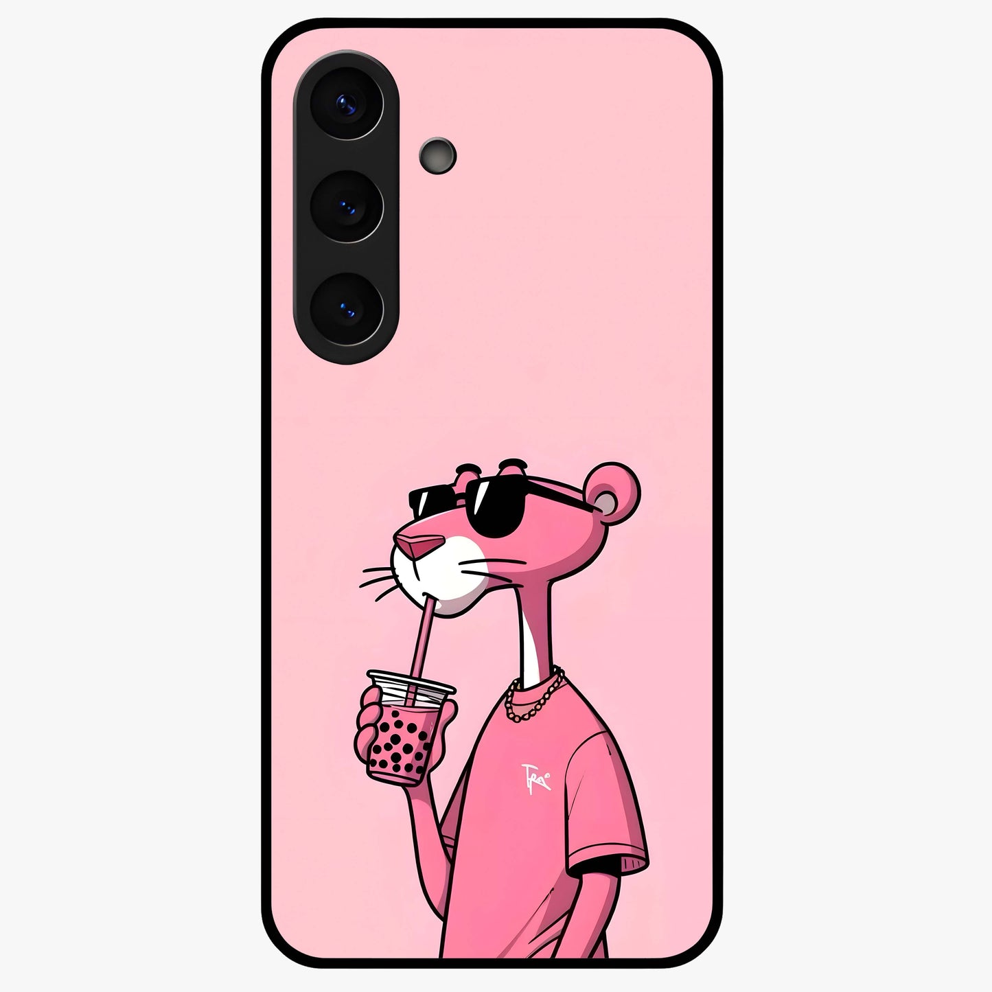 Pink Panther Glass Case showing flat back view with iconic pink panther artwork and glossy glass finish.