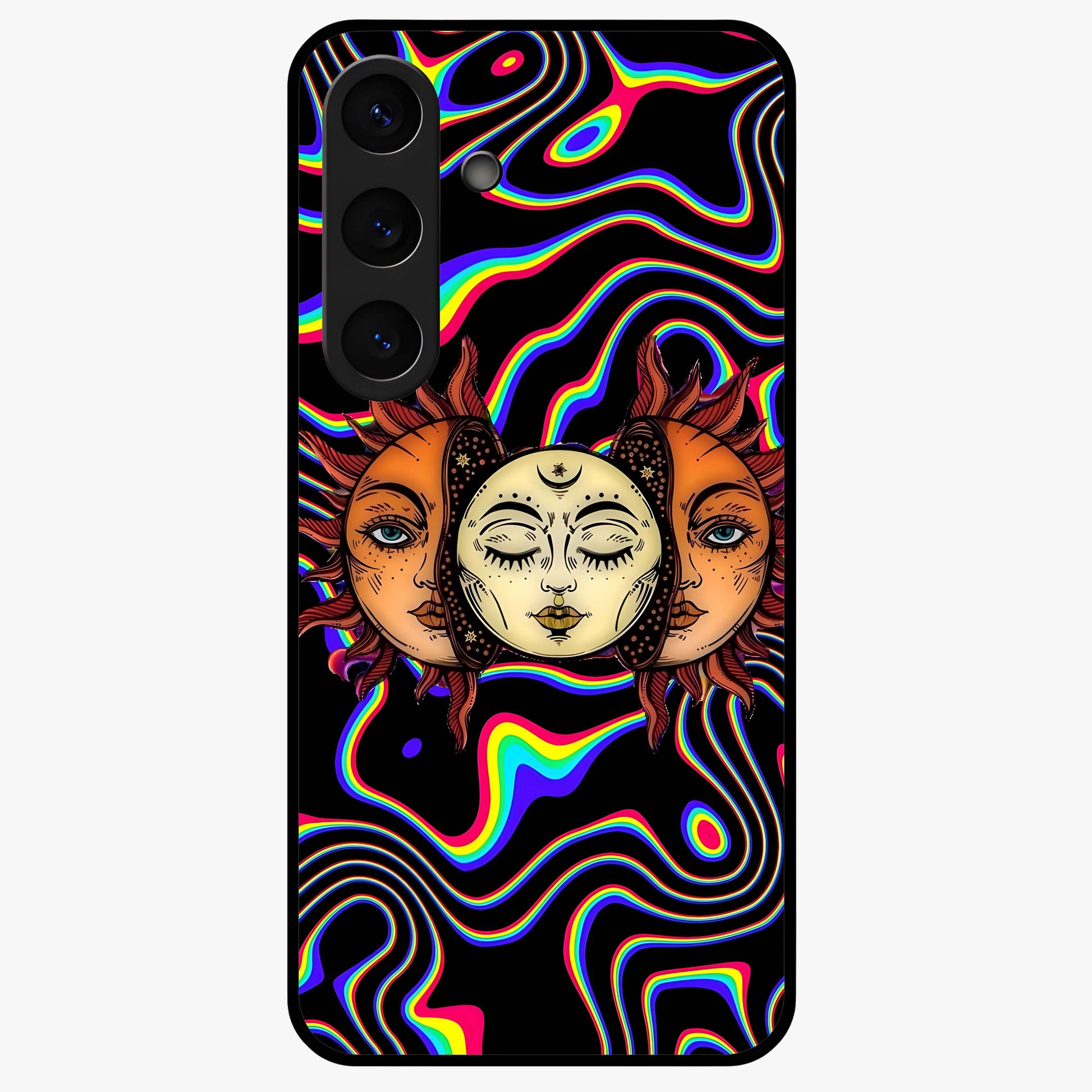 Psychedelic Sun Glass Case showing flat back view with colorful psychedelic sun artwork and glossy glass finish.