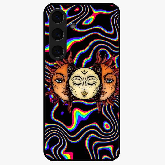 Psychedelic Sun Glass Case showing flat back view with colorful psychedelic sun artwork and glossy glass finish.
