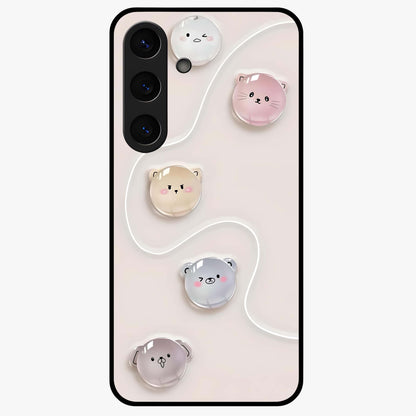 Puffy Face Parade Glass Case showing flat back view with cute puffy character faces artwork and glossy glass finish.