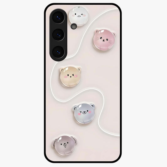 Puffy Face Parade Glass Case showing flat back view with cute puffy character faces artwork and glossy glass finish.