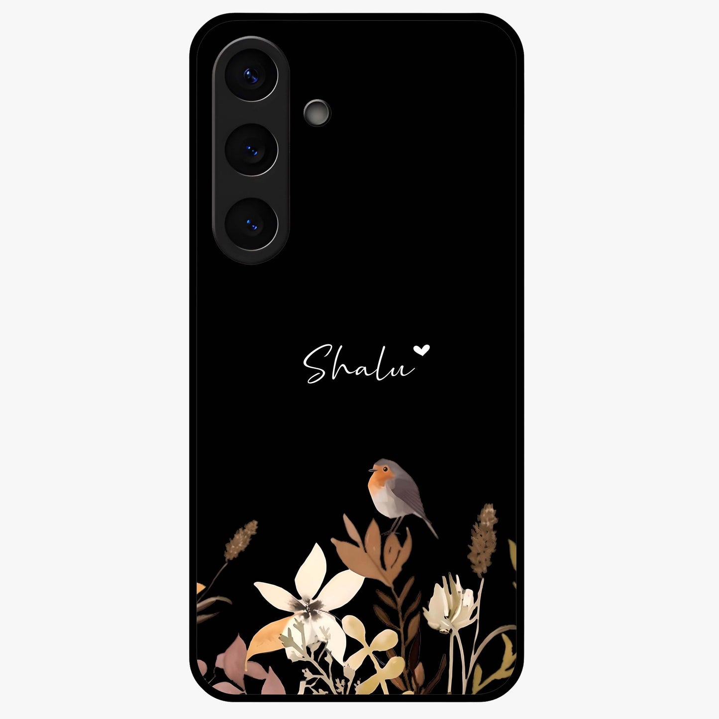 Quiet Garden Tune Custom Name Glass Case showing flat back view with peaceful garden artwork and personalized name design.