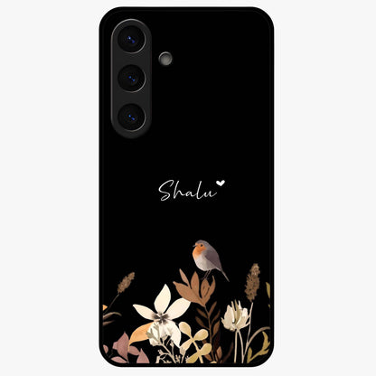 Quiet Garden Tune Custom Name Glass Case showing flat back view with peaceful garden artwork and personalized name design.